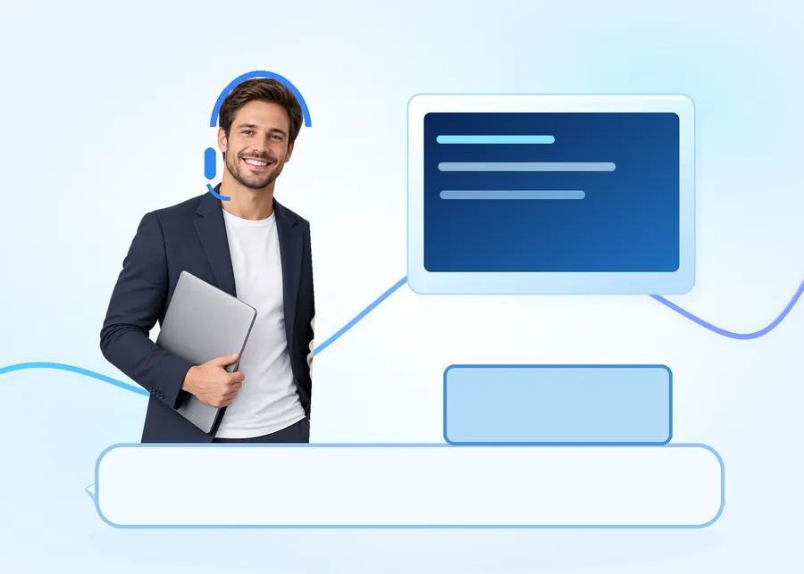 Consultant cu căști și tabletă, gata să vă răspundă