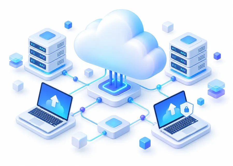 Ilustrație: servere și calculatoare conectate la cloud